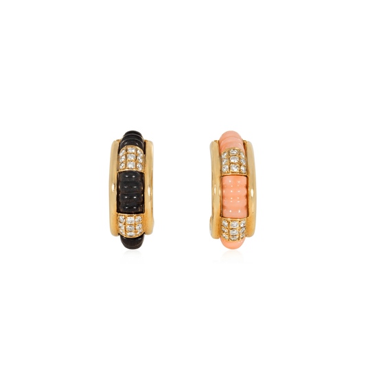 Boucheron Paris Post-1980s 18KT Yellow Gold Coral, Diamond, Onyx & Wood Interchangeable Pluriel Earrings front