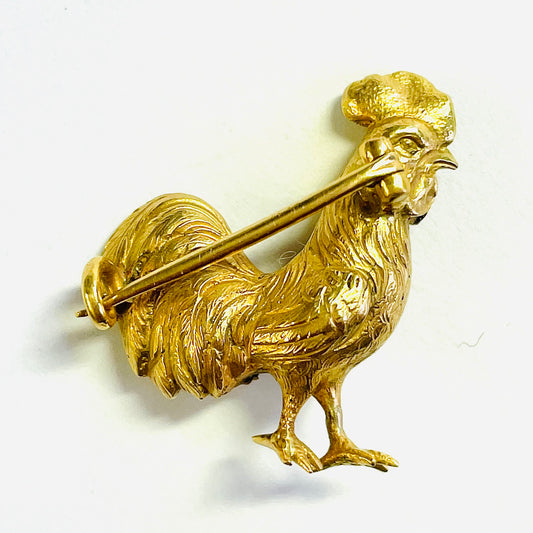 Antique 18KT Yellow Gold Gold Diamond Rooster Brooch back