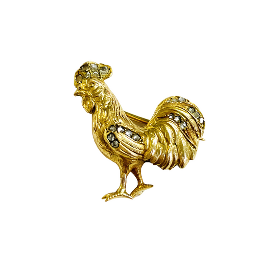 Antique 18KT Yellow Gold Gold Diamond Rooster Brooch front