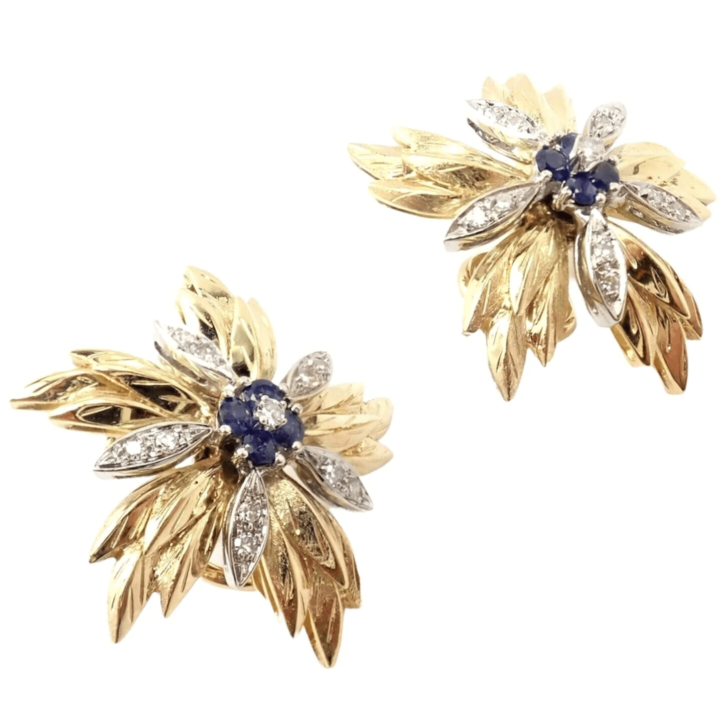 Tiffany & Co. 1980s 18KT Yellow Gold Diamond & Sapphire Flower Earrings side