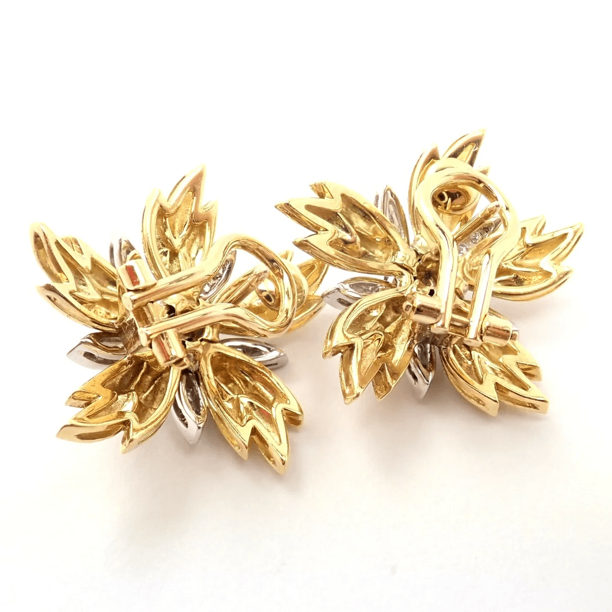 Tiffany & Co. 1980s 18KT Yellow Gold Diamond & Sapphire Flower Earrings back