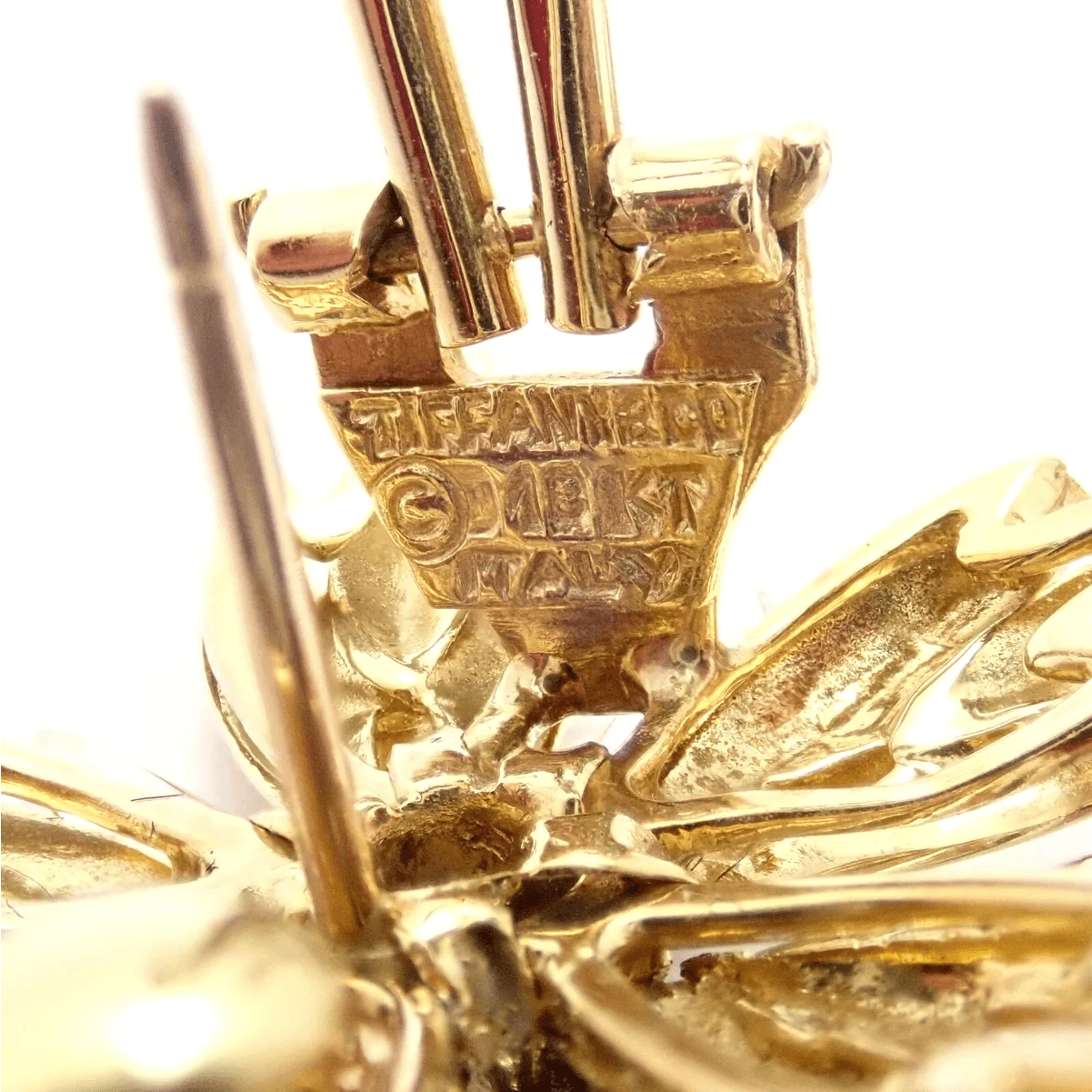 Tiffany & Co. 1980s 18KT Yellow Gold Diamond & Sapphire Flower Earrings signature