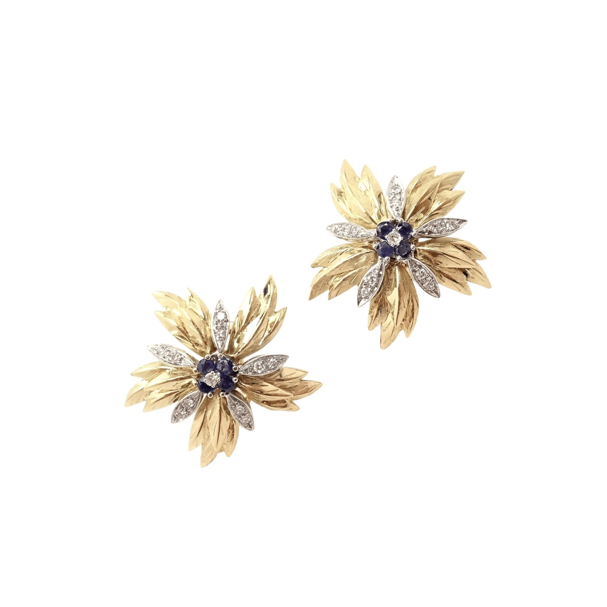 Tiffany & Co. 1980s 18KT Yellow Gold Diamond & Sapphire Flower Earrings front