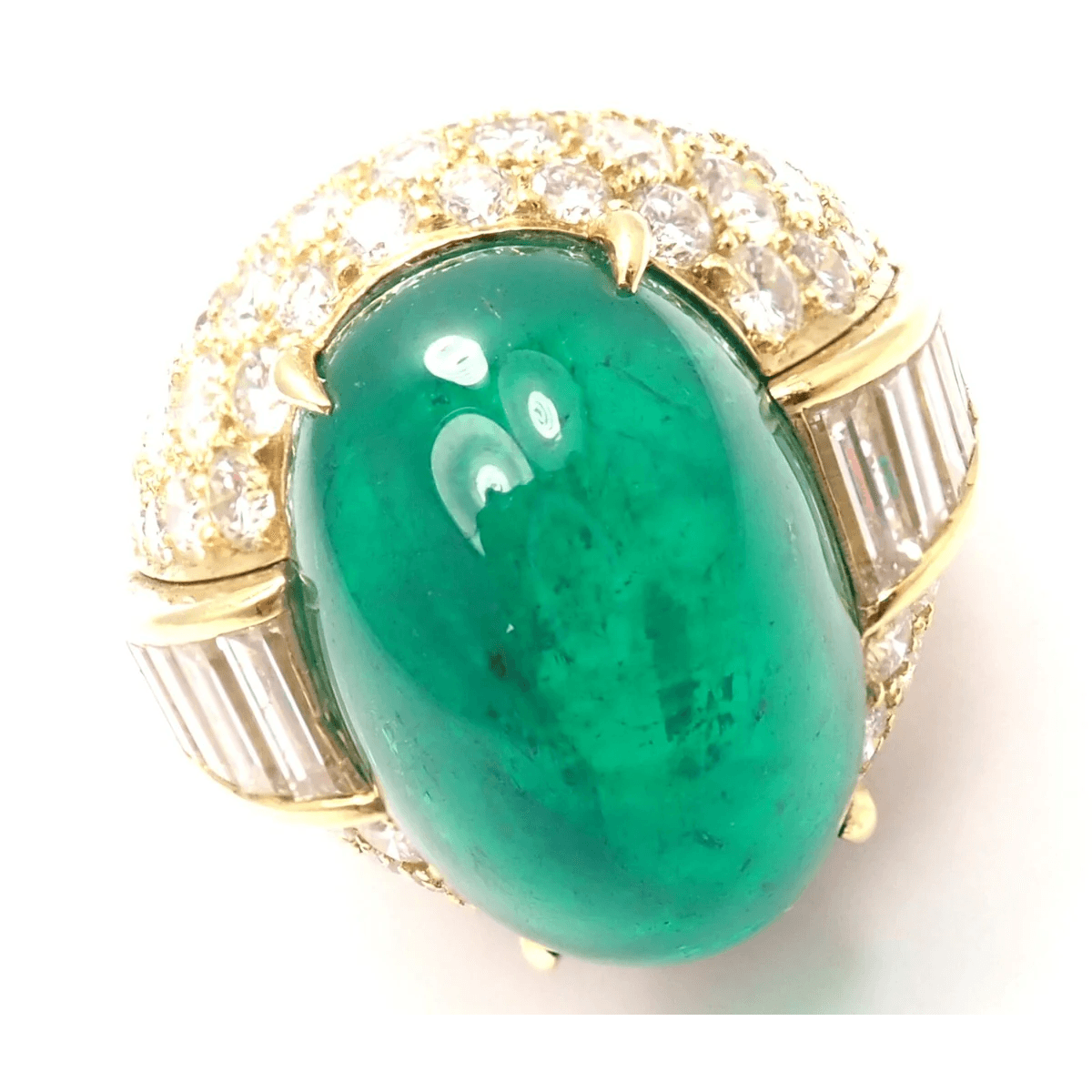 David Webb 1980s 18KT Yellow Gold Diamond & Emerald Ring front