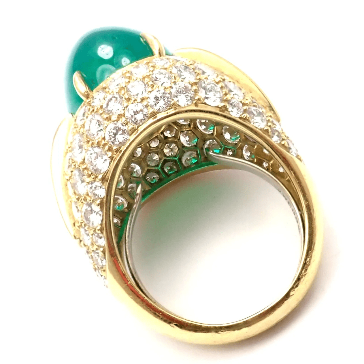 David Webb 1980s 18KT Yellow Gold Diamond & Emerald Ring profile