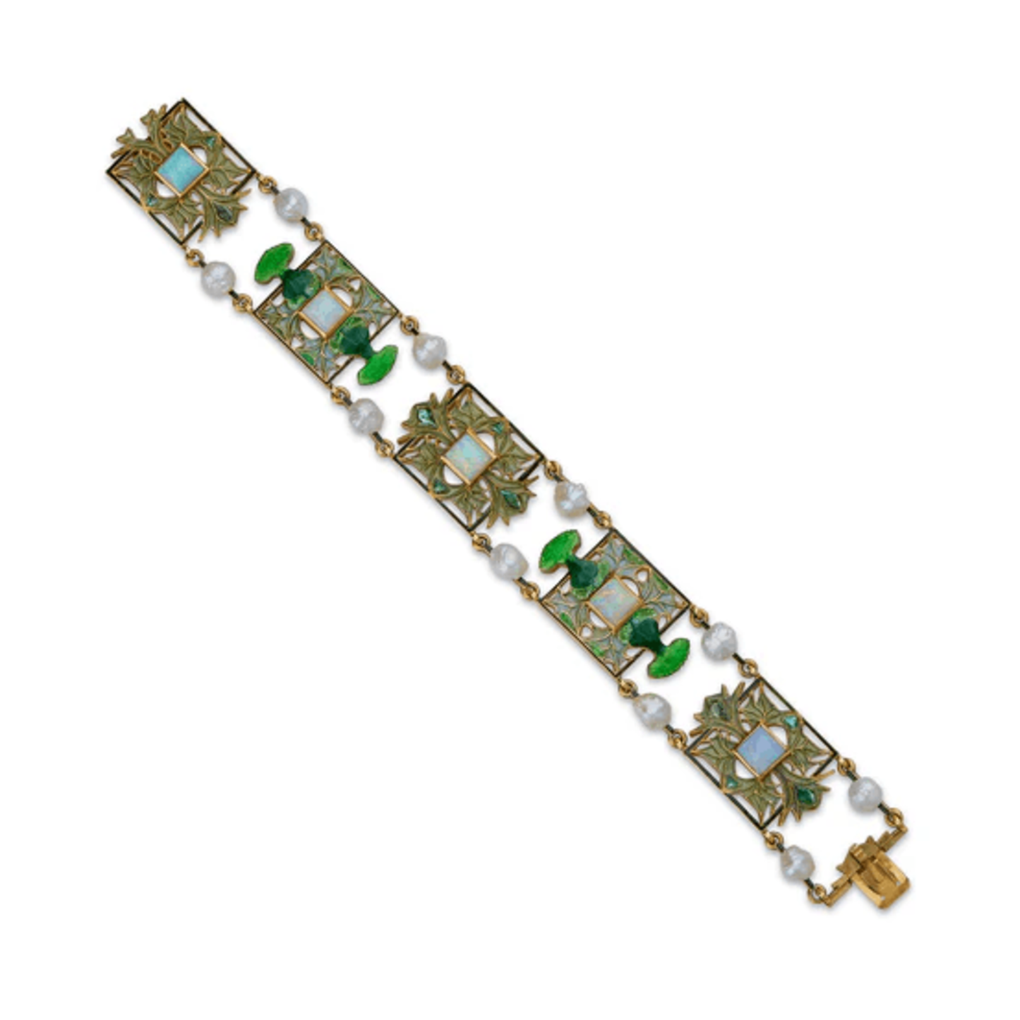 René Lalique Art Nouveau 18KT Yellow Gold Opal, Enamel & Pearl Bracelet front