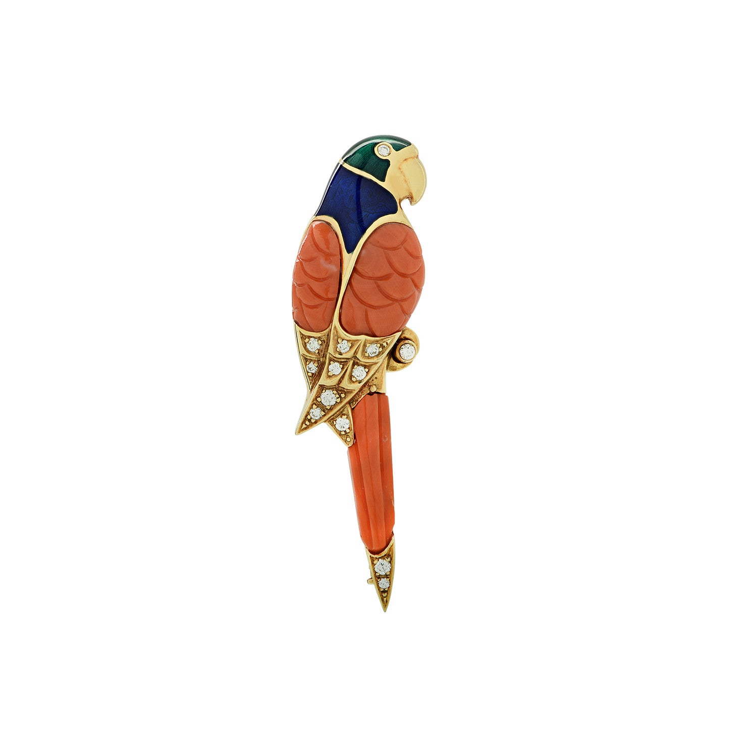 Carl Fabergé 1980s 18KT Yellow Gold Coral, Diamond & Enamel Parrot Brooch front