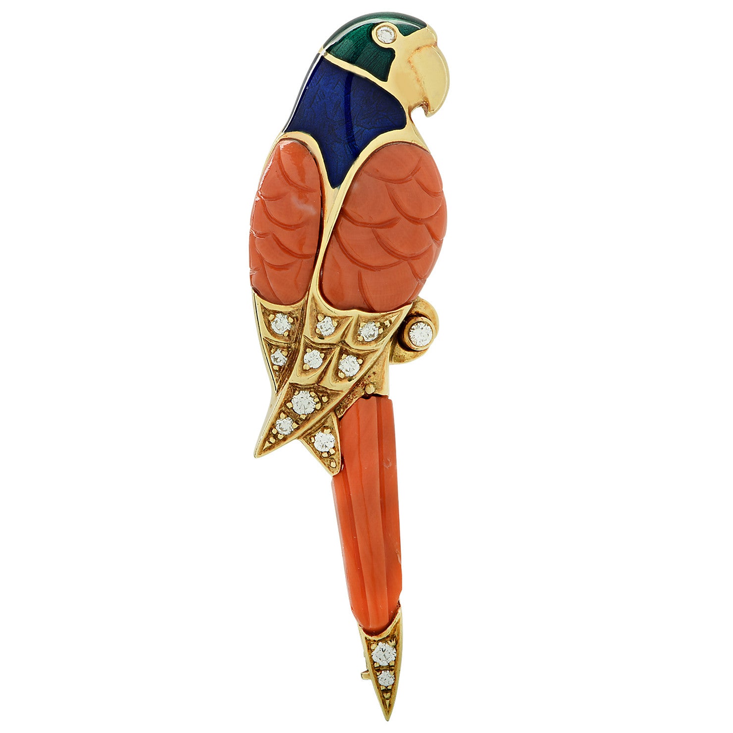 Carl Fabergé 1980s 18KT Yellow Gold Coral, Diamond & Enamel Parrot Brooch close-up details