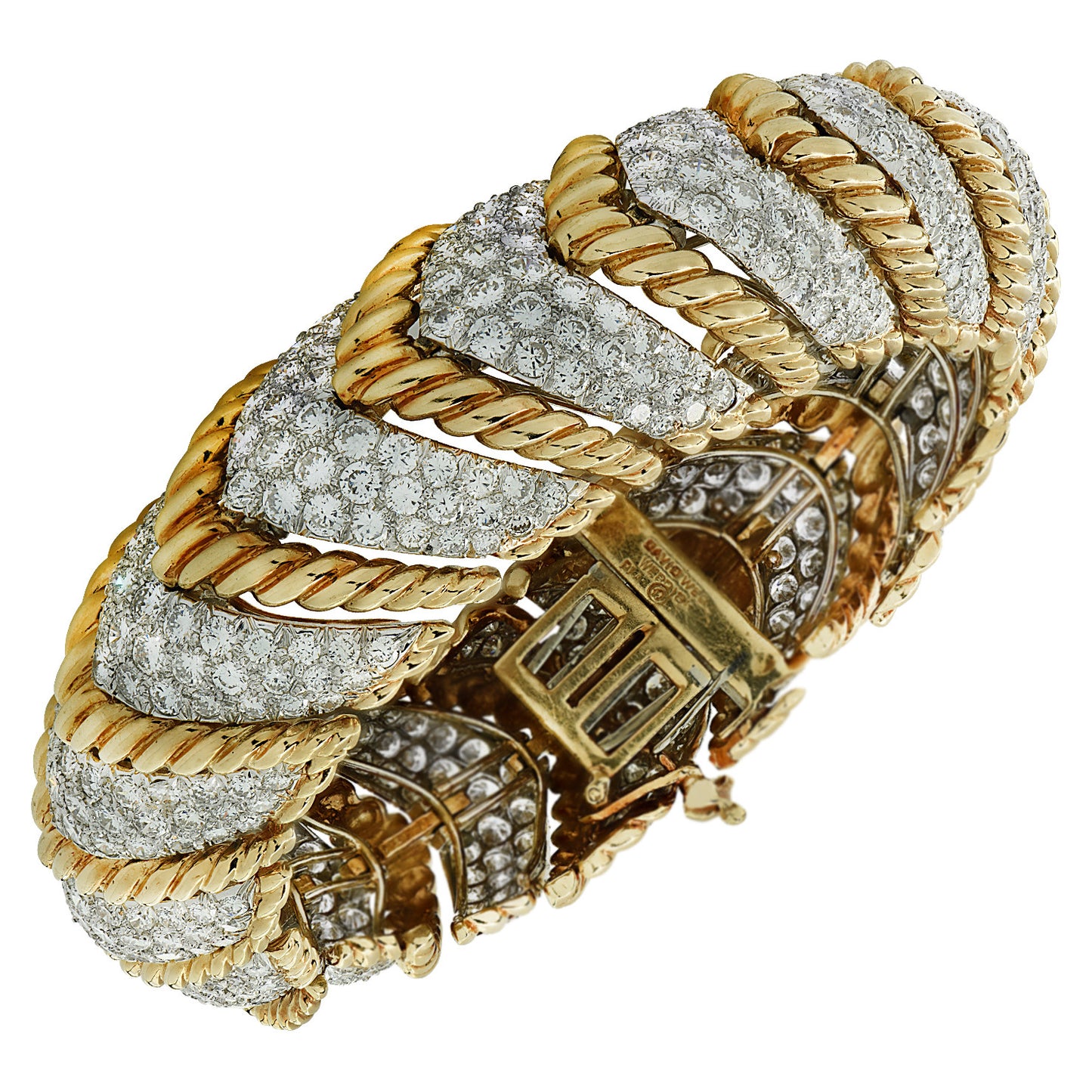 David Webb 1980s Platinum & 18KT Yellow Gold Diamond Bracelet front and signature