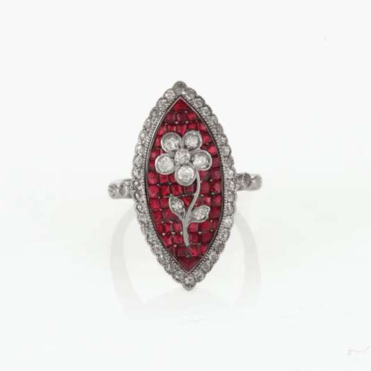 Edwardian Platinum Ruby & Diamond Flower Ring front