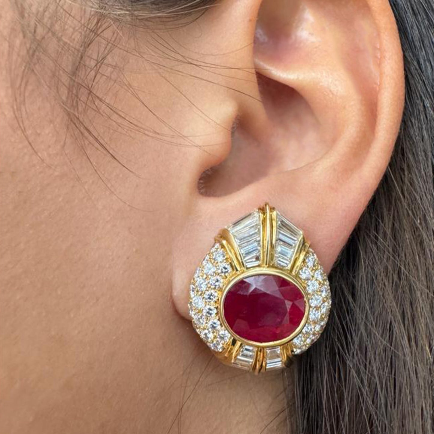 Bulgari 1970s 18KT Yellow Gold Ruby & Diamond Earrings on ear