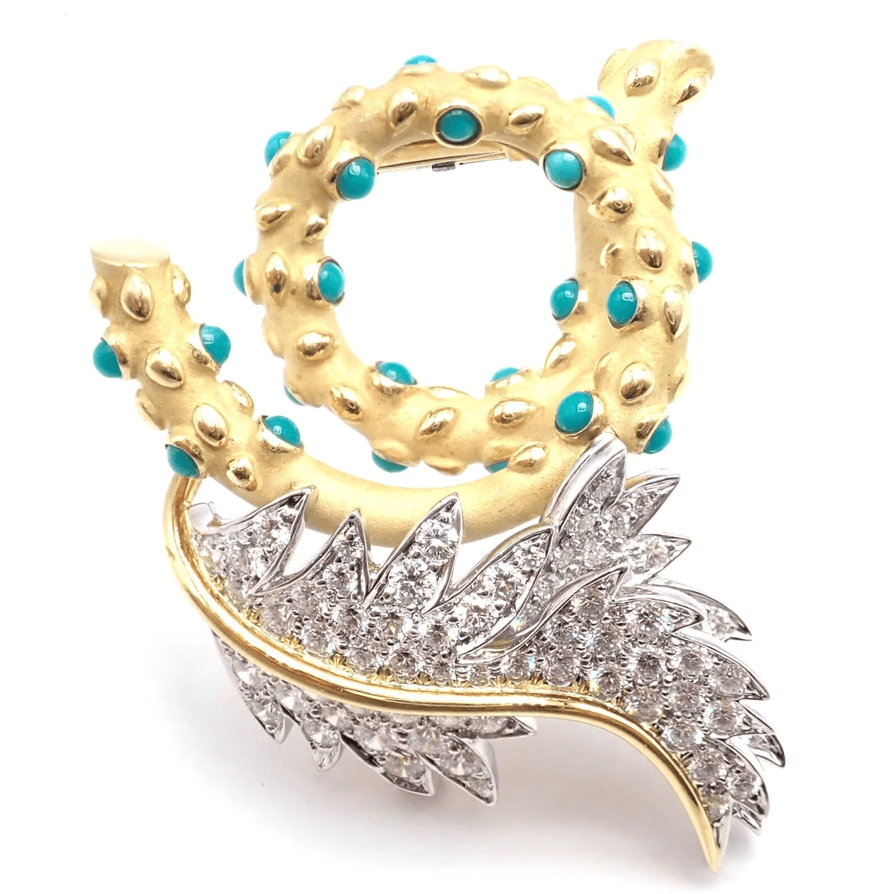 Jean Schlumberger Tiffany & Co. Post-1980s Platinum & 18KT Yellow Gold Diamond & Turquoise Brooch front