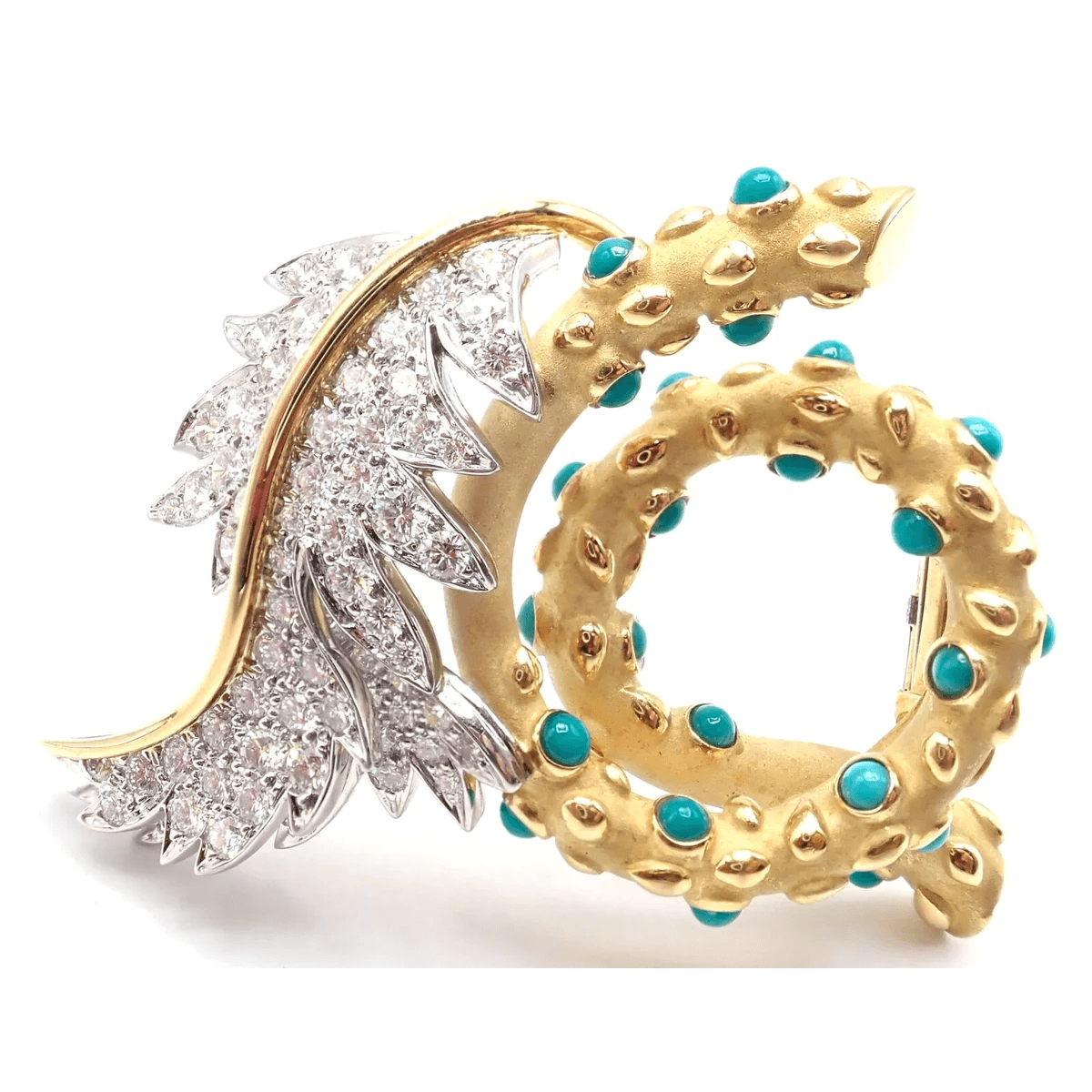 Jean Schlumberger Tiffany & Co. Post-1980s Platinum & 18KT Yellow Gold Diamond & Turquoise Brooch front