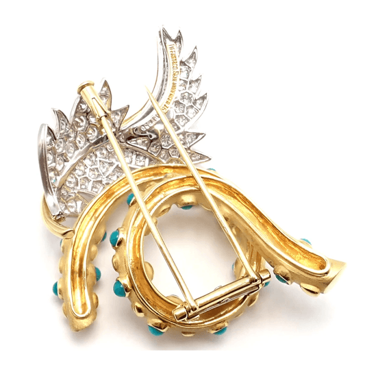 Jean Schlumberger Tiffany & Co. Post-1980s Platinum & 18KT Yellow Gold Diamond & Turquoise Brooch back