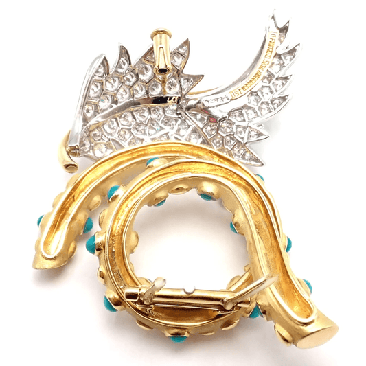 Jean Schlumberger Tiffany & Co. Post-1980s Platinum & 18KT Yellow Gold Diamond & Turquoise Brooch back