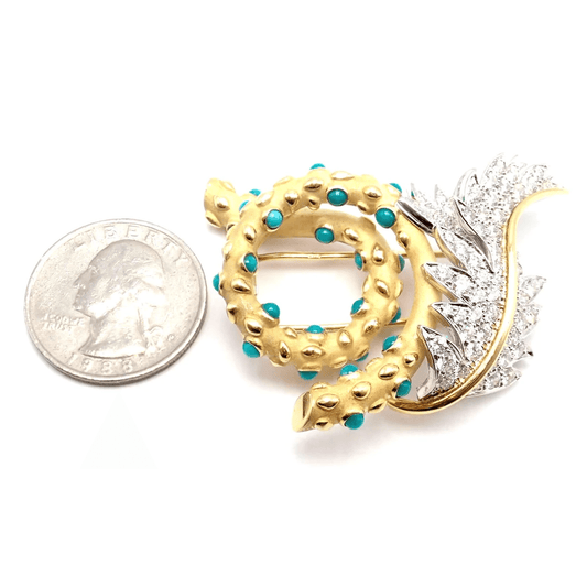 Jean Schlumberger Tiffany & Co. Post-1980s Platinum & 18KT Yellow Gold Diamond & Turquoise Brooch front