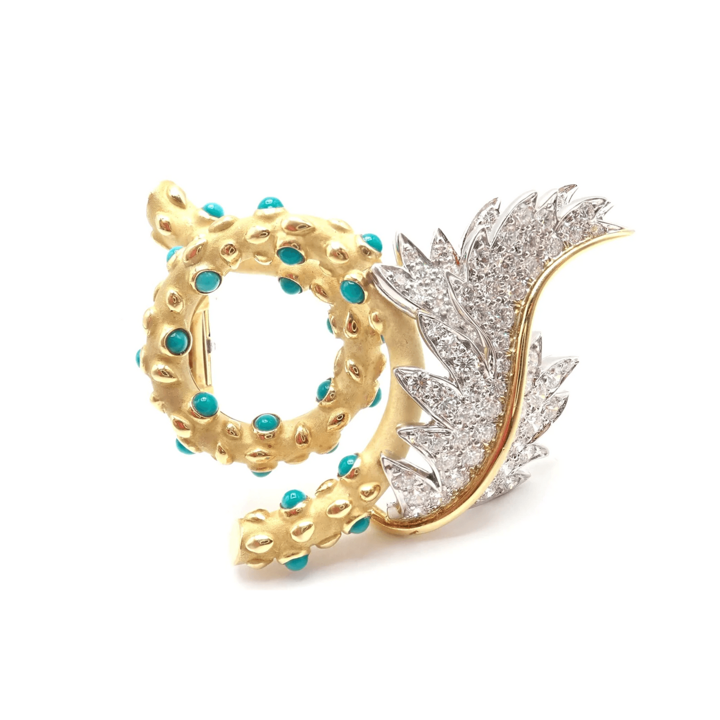 Jean Schlumberger Tiffany & Co. Post-1980s Platinum & 18KT Yellow Gold Diamond & Turquoise Brooch front