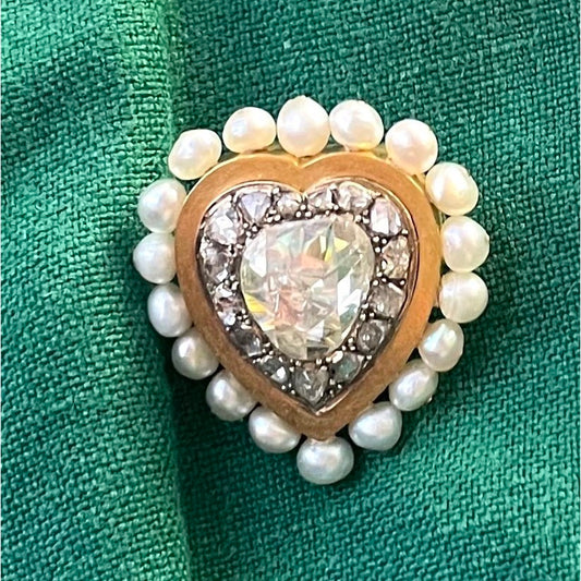 French Antique 18KT Yellow Gold Diamond & Pearl Heart Brooch on blouse