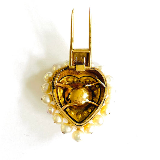 French Antique 18KT Yellow Gold Diamond & Pearl Heart Brooch back