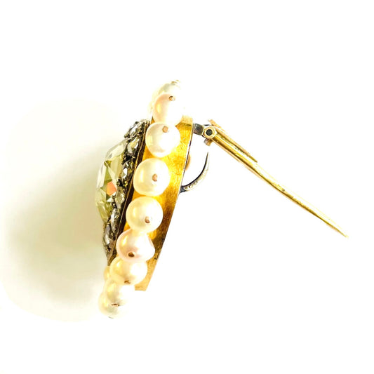 French Antique 18KT Yellow Gold Diamond & Pearl Heart Brooch side