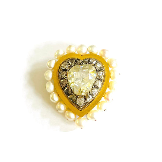 French Antique 18KT Yellow Gold Diamond & Pearl Heart Brooch front