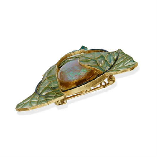 René Lalique Art Nouveau 18KT Yellow Gold Opal & Enamel Plique-à-jour Necklace signature