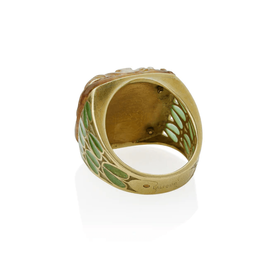 René Lalique French Art Nouveau 18KT Yellow Gold Enamel "Grenouilles" Ring back