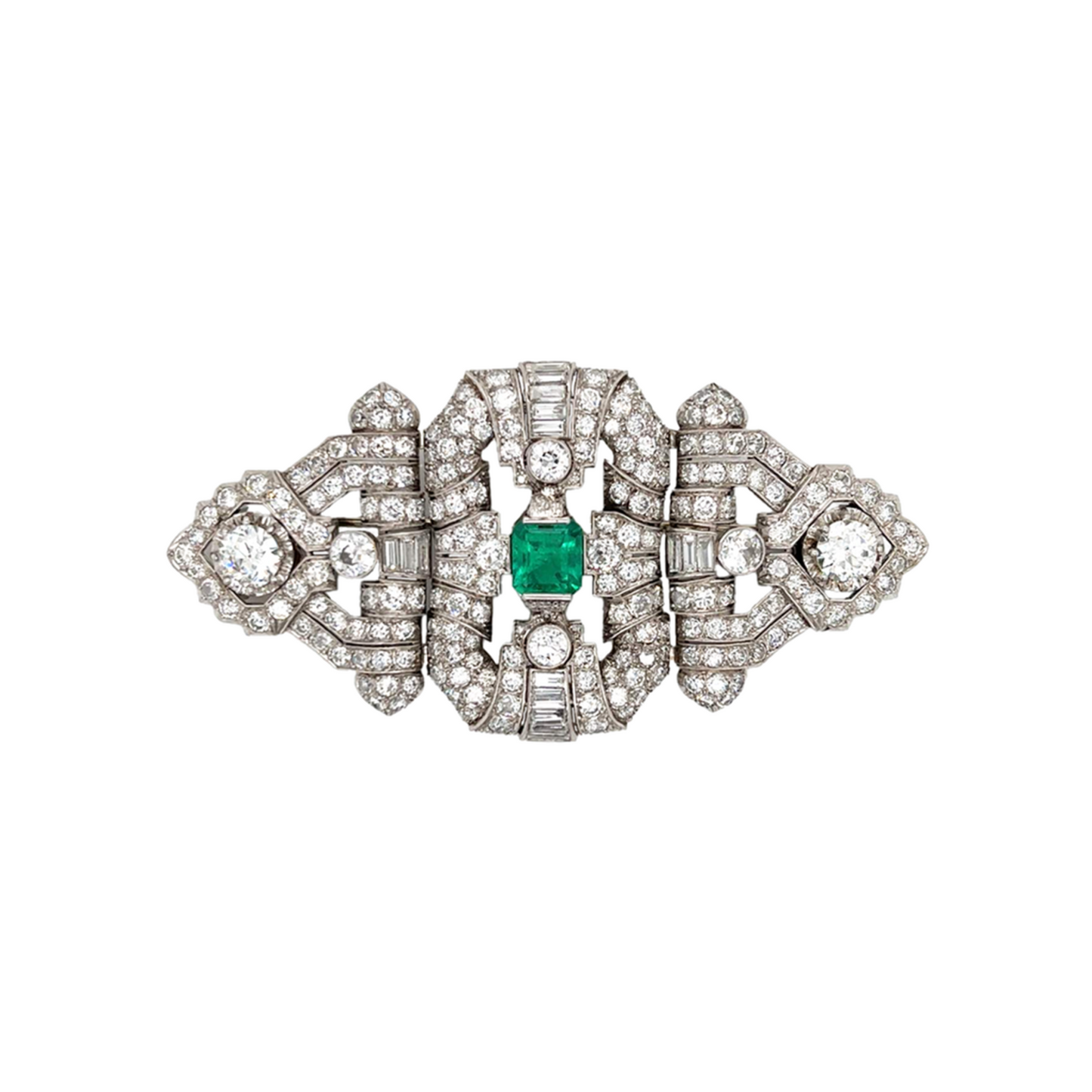 Art Deco Platinum Diamond & Emerald Brooch front view