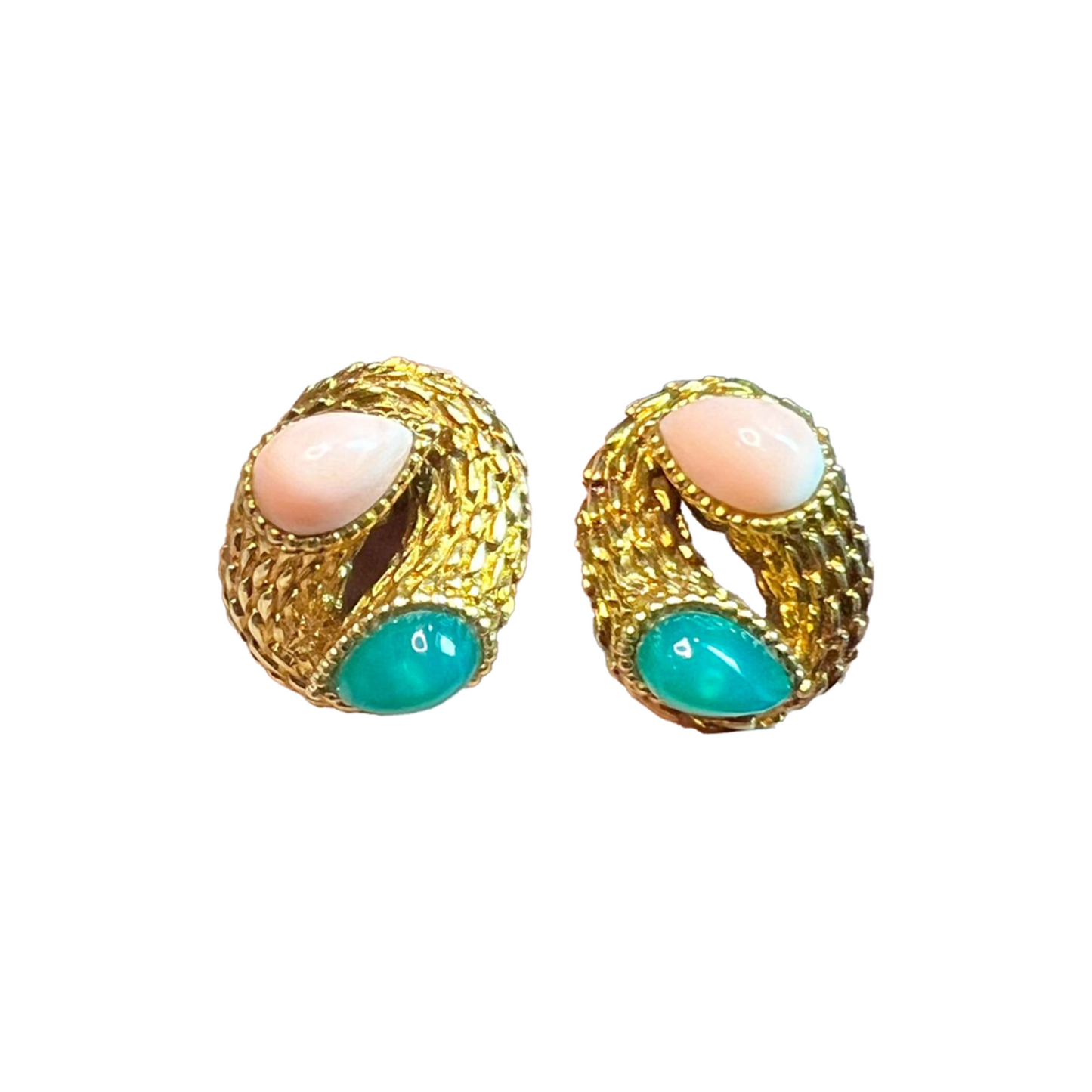 Boucheron Paris 1960s 18KT Yellow Gold Coral & Chrysoprase Earrings front