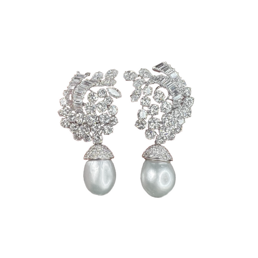 Bulgari 1960s Platinum Diamond & Natural Pearl Earrings front