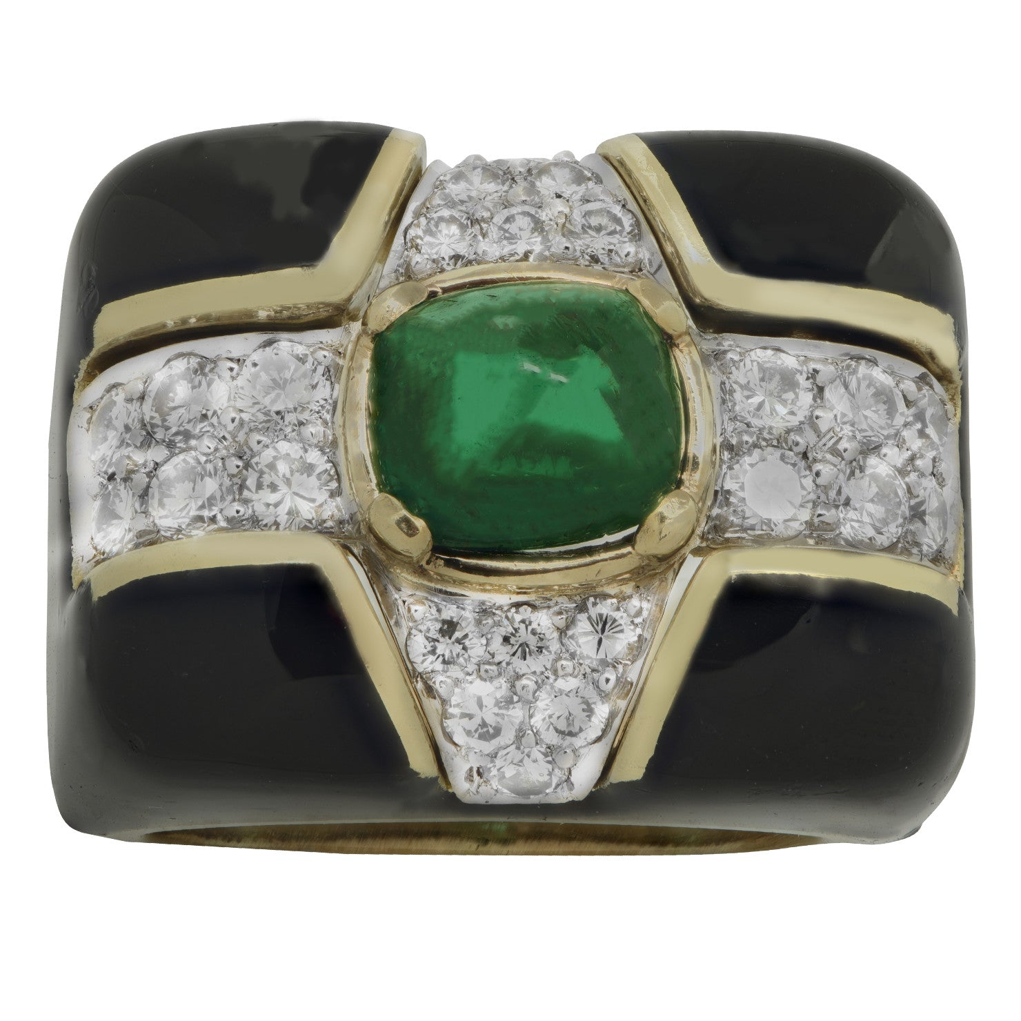 1980s 18KT White & Yellow Gold Emerald, Diamond & Enamel Ring front