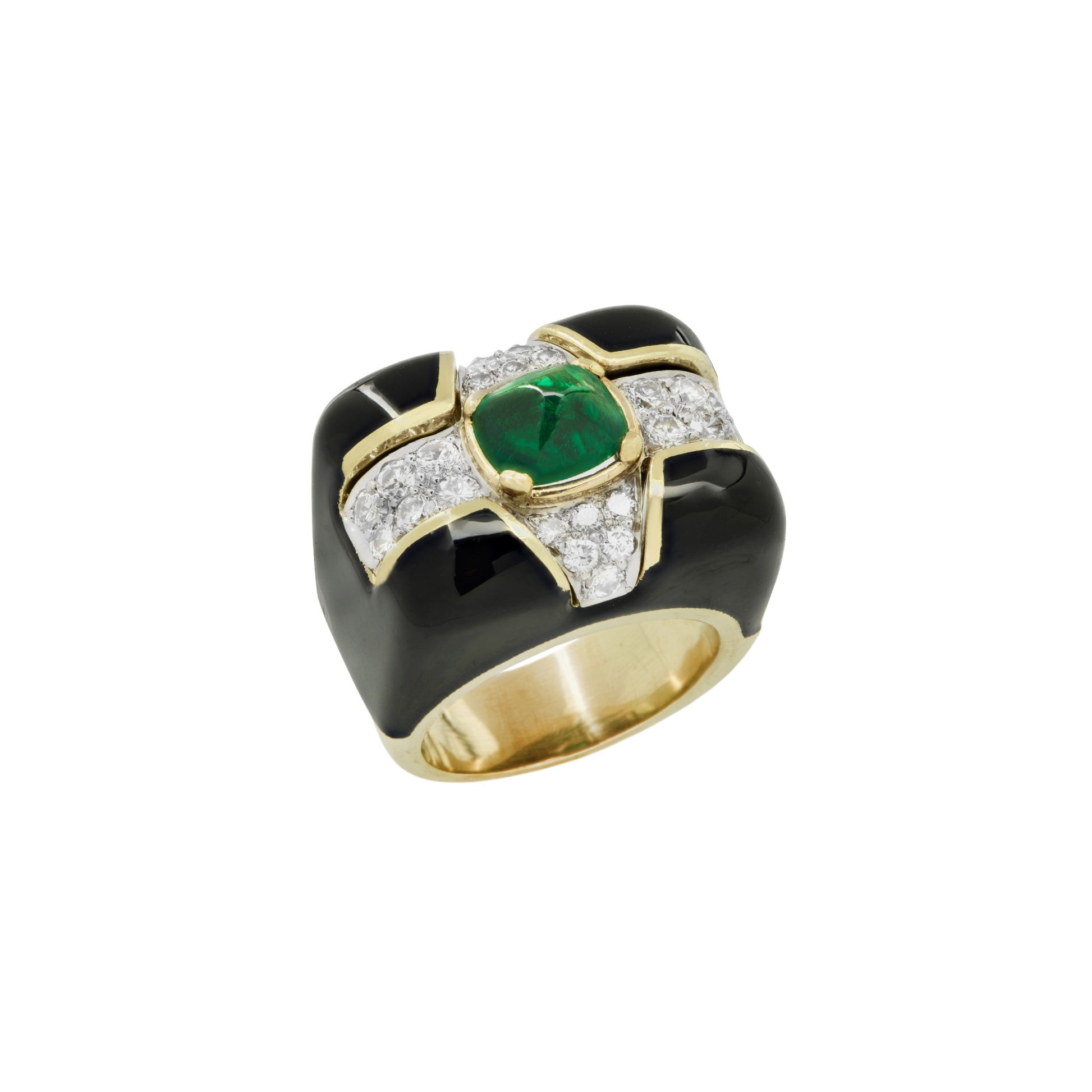 1980s 18KT White & Yellow Gold Emerald, Diamond & Enamel Ring top