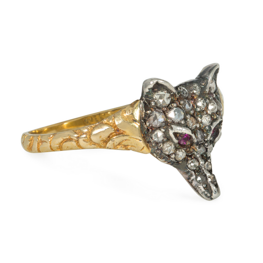Victorian Silver & 14KT Yellow Gold Diamond & Ruby Fox Ring side
