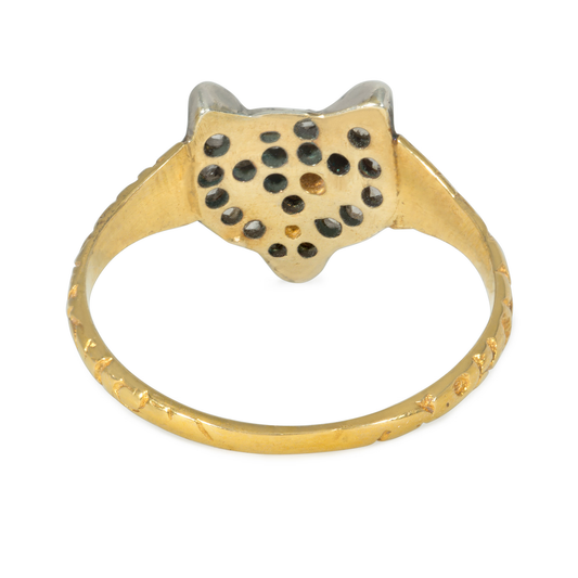 Victorian Silver & 14KT Yellow Gold Diamond & Ruby Fox Ring back