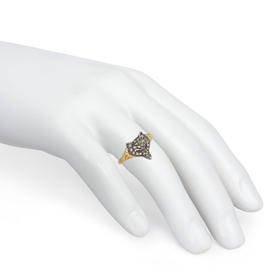 Victorian Silver & 14KT Yellow Gold Diamond & Ruby Fox Ring on finger
