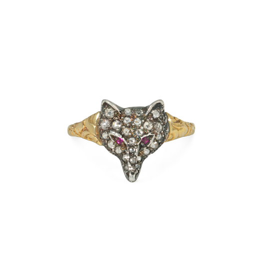 Victorian Silver & 14KT Yellow Gold Diamond & Ruby Fox Ring front