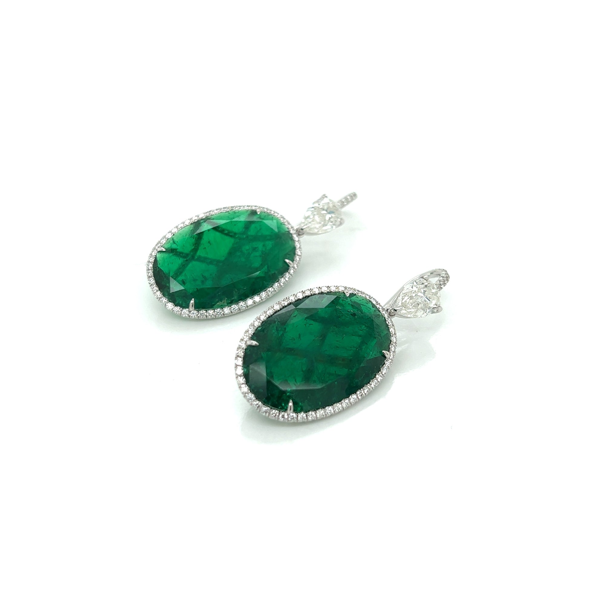 1990s Platinum Emerald & Diamond Earrings front side view