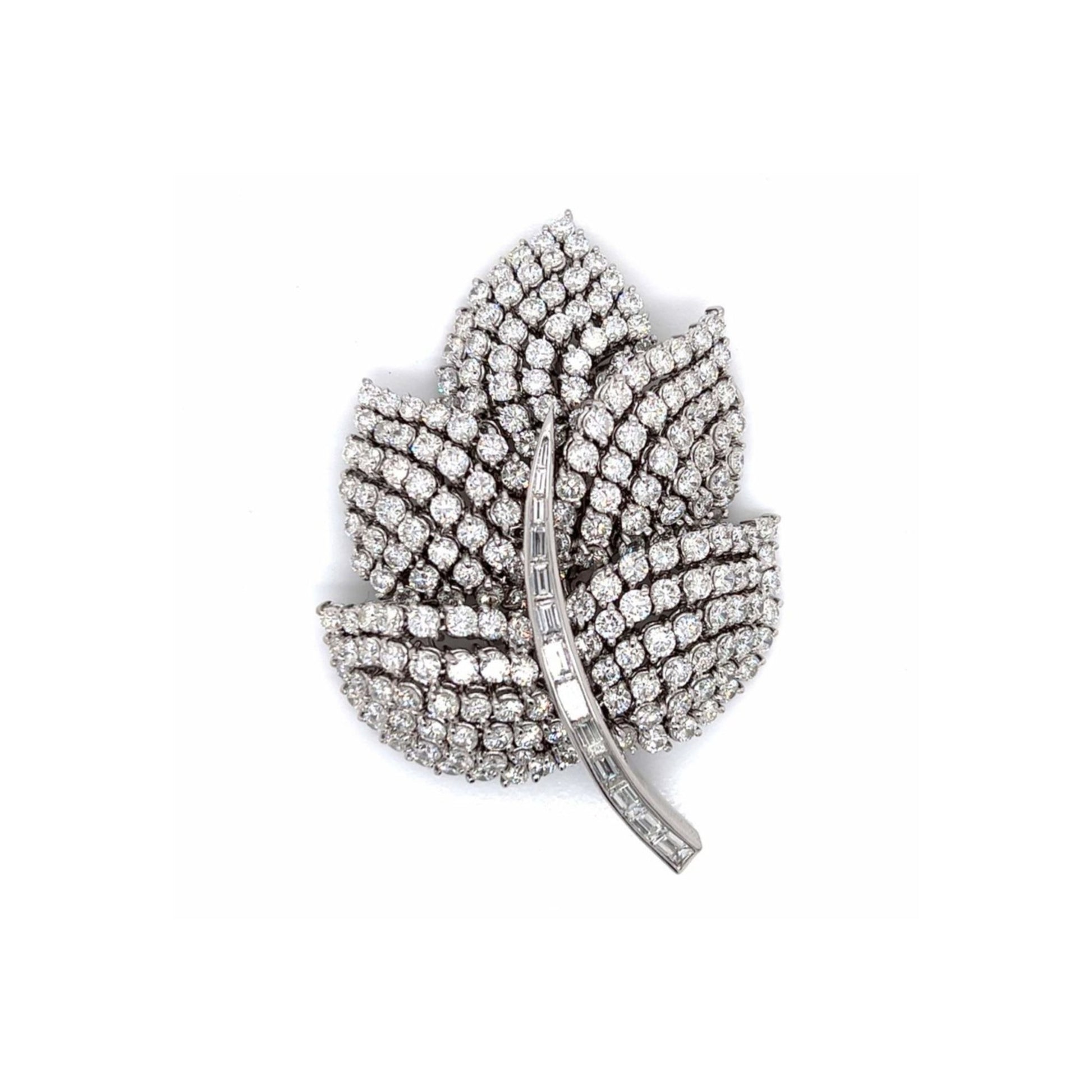 Post-1980s 18KT White Gold Diamond Leaf Brooch front view