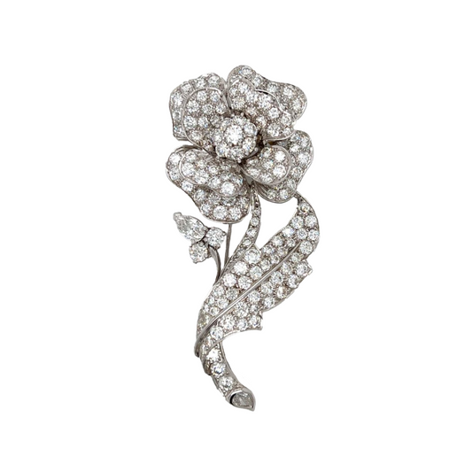 Post-1980s Platinum Diamond Rose Brooch front view