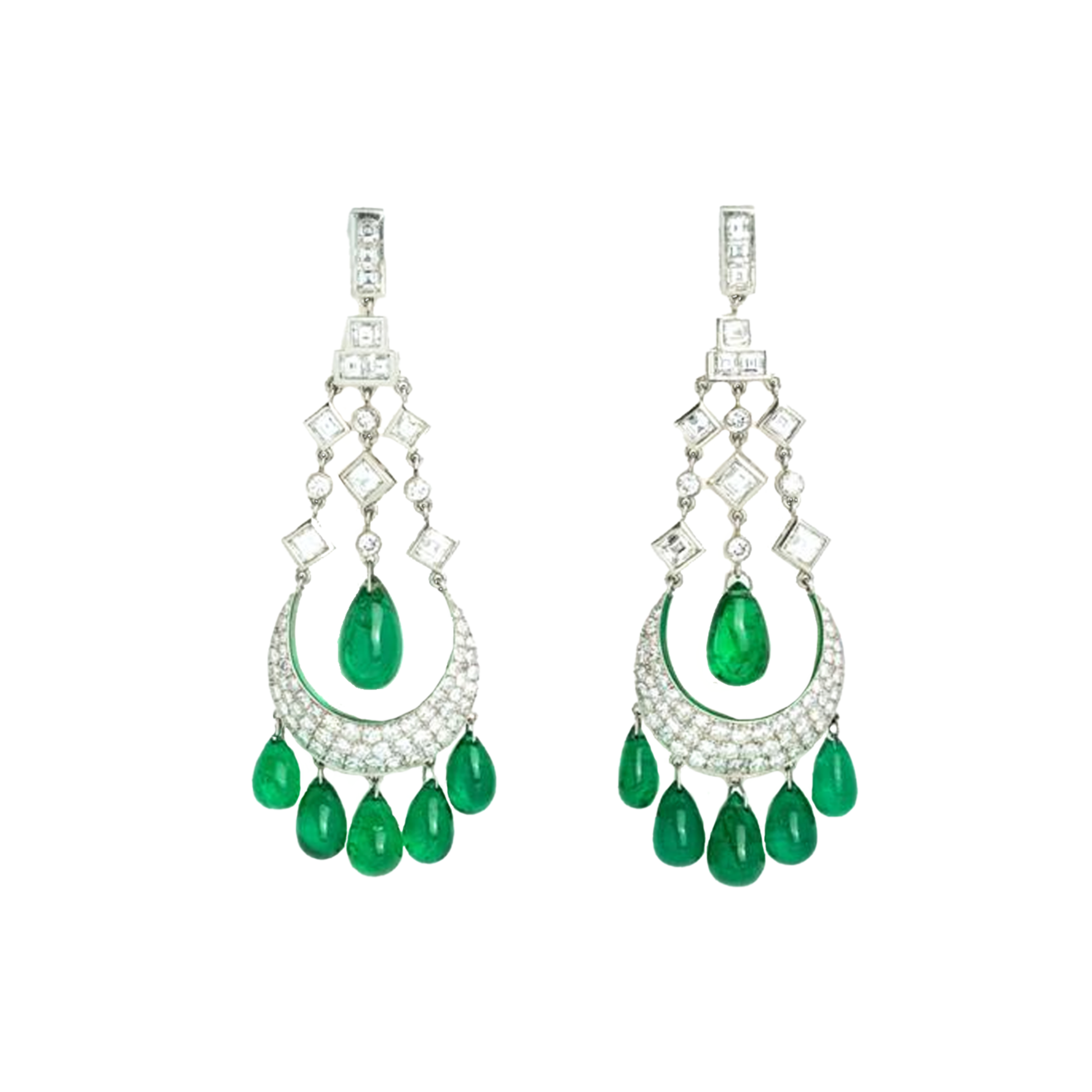 Post-1980s Platinum Diamond & Emerald Chandelier Earrings front view