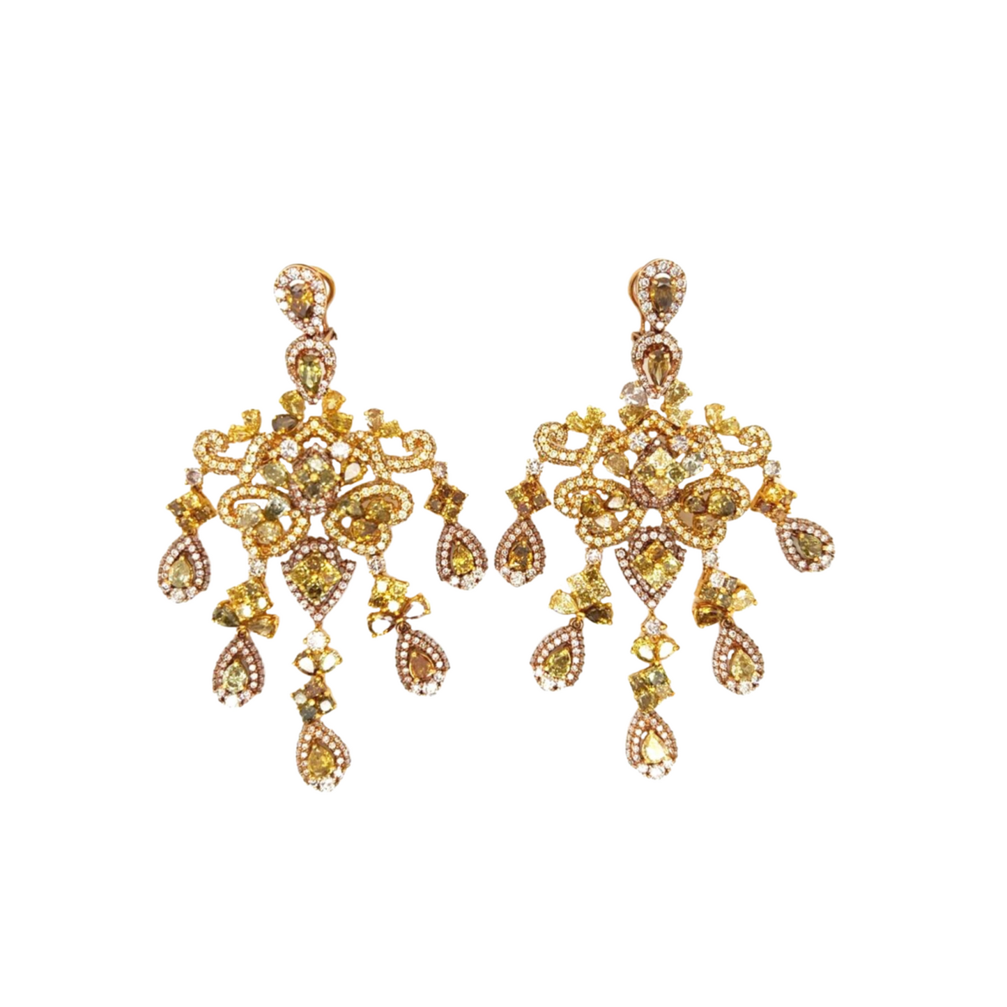 Post-1980s 18KT Yellow Gold Natural Color Diamond Chandelier Earrings front view