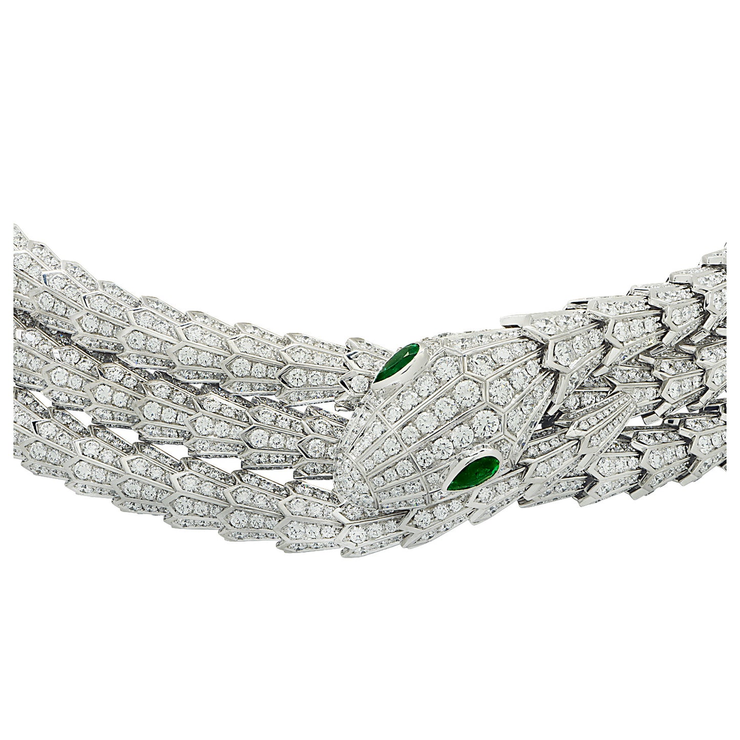 Bulgari Post-1980s 18KT White Gold Diamond & Emerald Serpenti Necklace close-up details