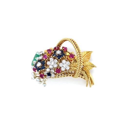 Marchak 1950s 18KT Yellow Gold Emerald, Ruby, Sapphire & Diamond Brooch front
