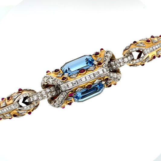 Retro 18KT Yellow Gold Aquamarine & Diamond Bracelet close-up details