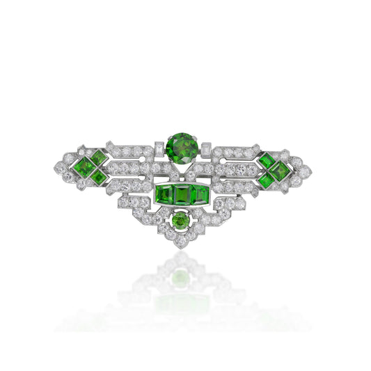 Art Deco Platinum Demantoid Garnet & Diamond Brooch front