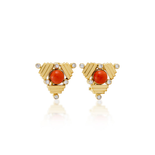 1970s 18KT Yellow Gold Coral & Diamond Earrings front