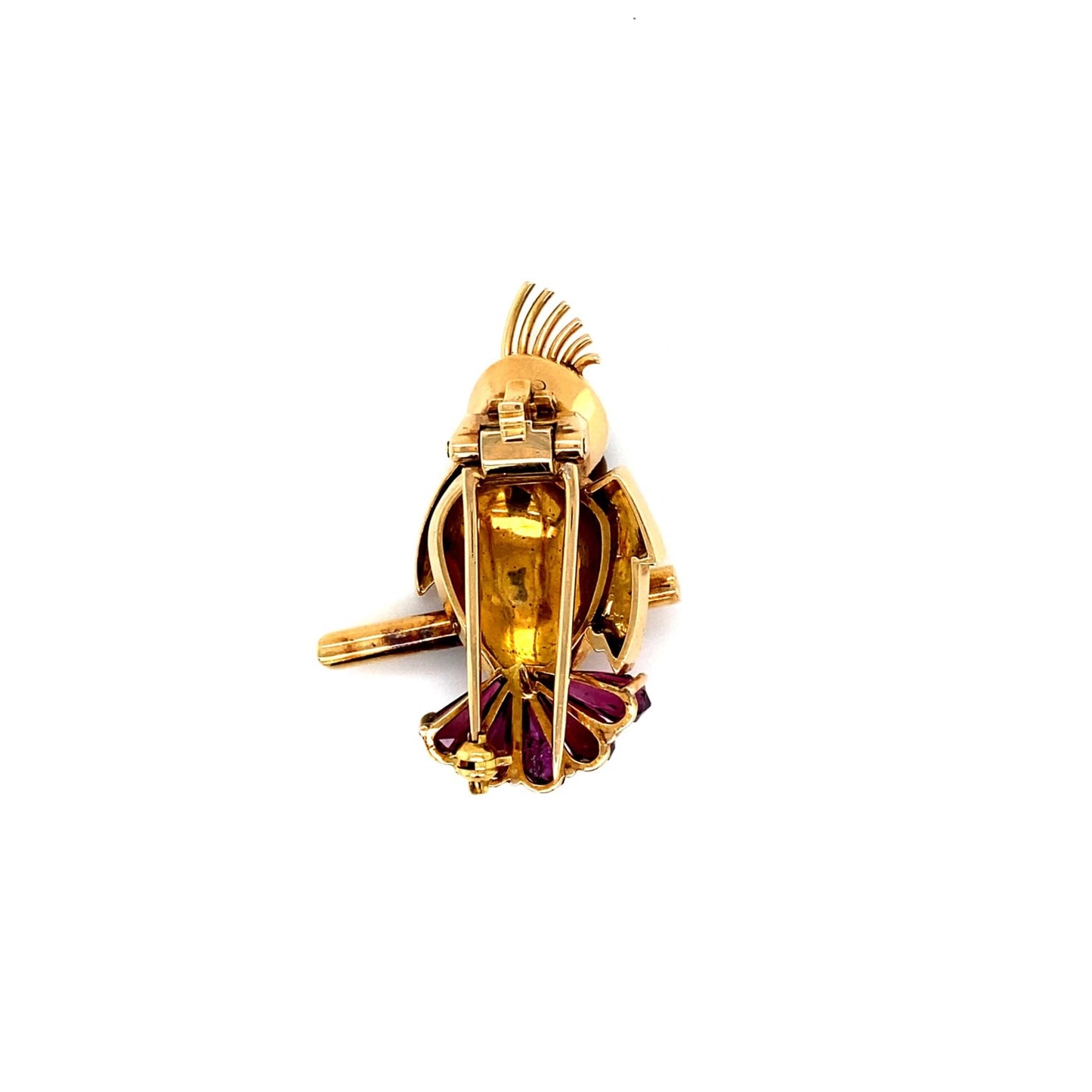 1950s 18KT Yellow Gold Amethyst, Tiger's Eye & Diamond Bird Brooch back