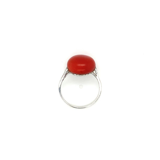 French Art Deco Platinum Coral & Diamond Ring profile