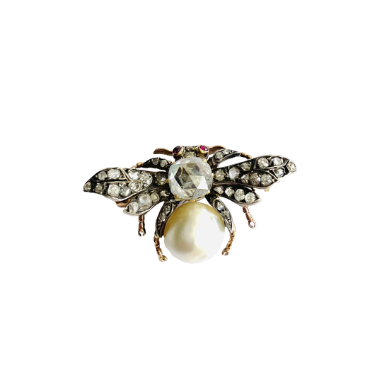 Antique Silver & 18KT Yellow Gold Diamond, Natural Pearl & Ruby Moth Brooch front