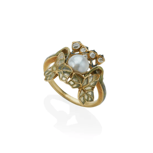 René Lalique Art Nouveau 18KT Yellow Gold Pearl, Diamond & Enamel "Lierre" Ivy Ring front